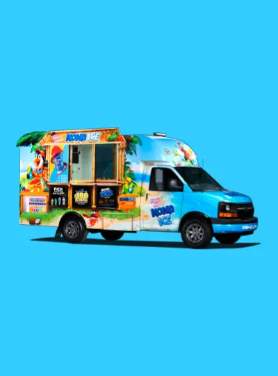 A Kona Ice truck rental on a blue background